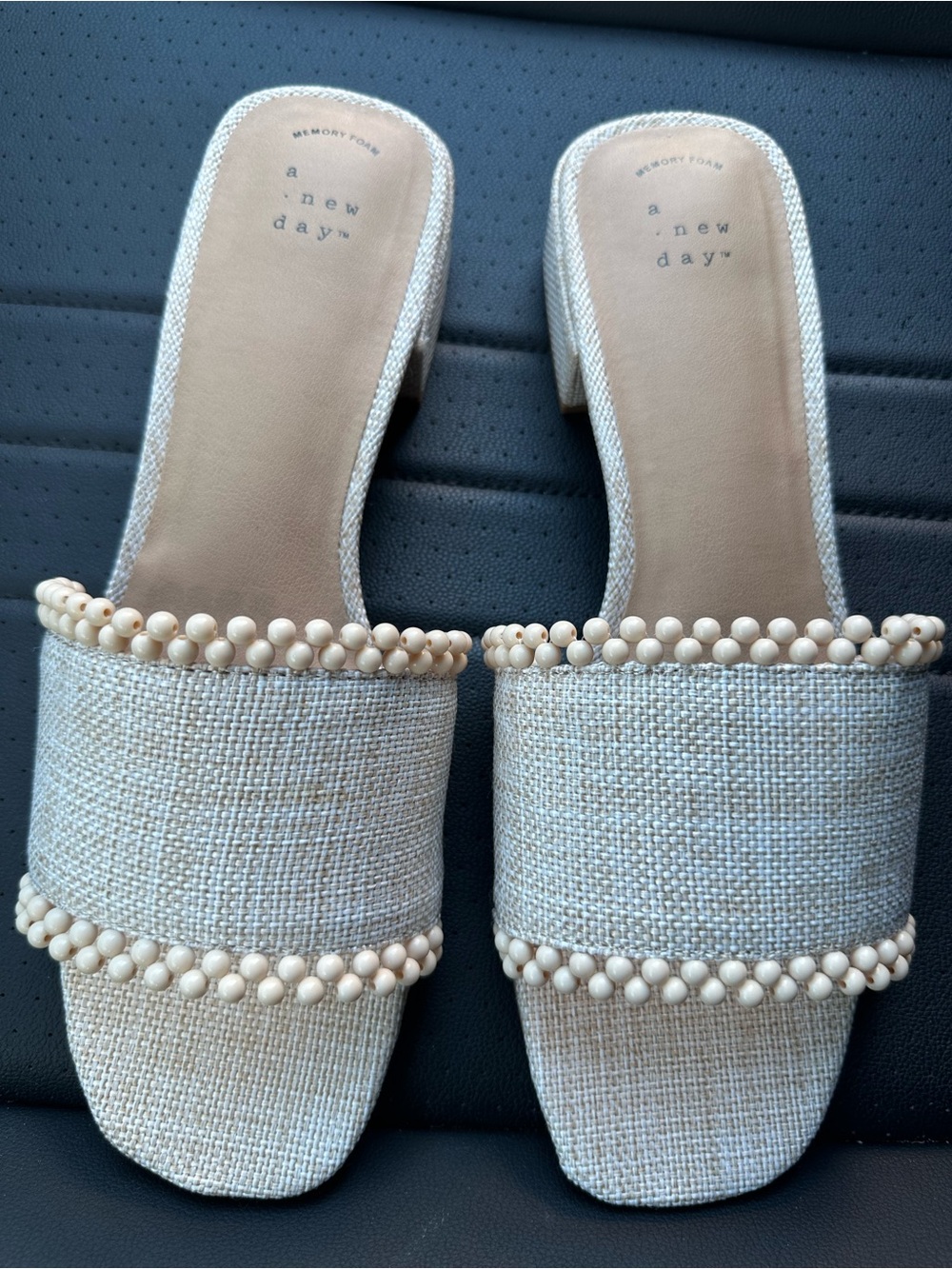 a new day Natural Beaded Linen Slide Mules